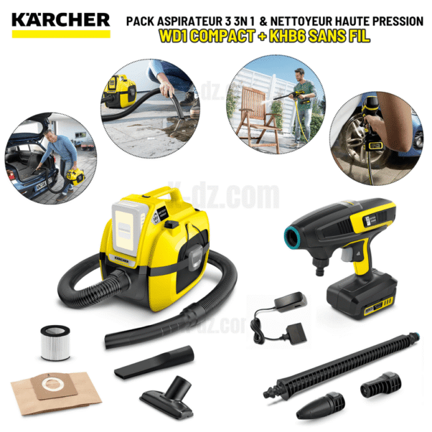 PACK aspirateur eau et poussiere 3 en 1 WD1 compact sans fil & Pistolet denettoyage sans fil KARCHER KHB 6 (avec batterie amovible)