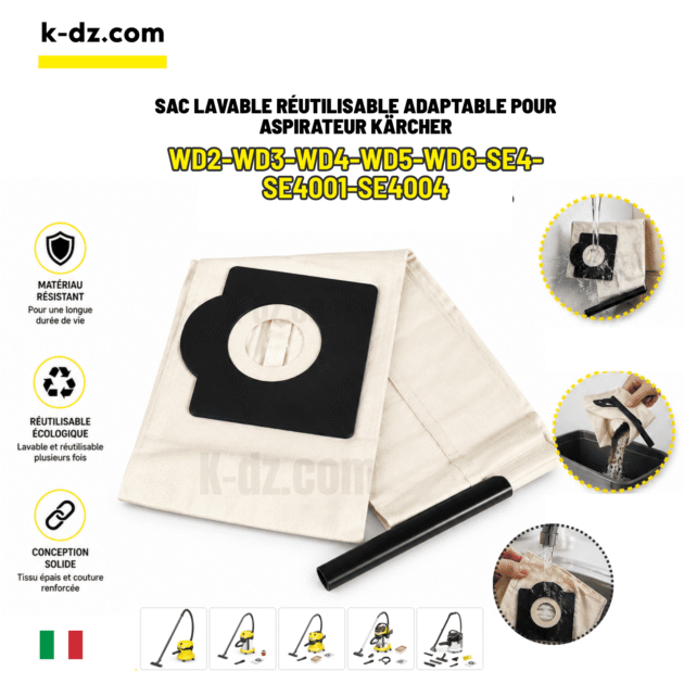 Sac lavable réutilisable adaptable pour aspirateur Kärcher WD 2/3/4/5/6 /SE 4 / SE4001 et SE 4004