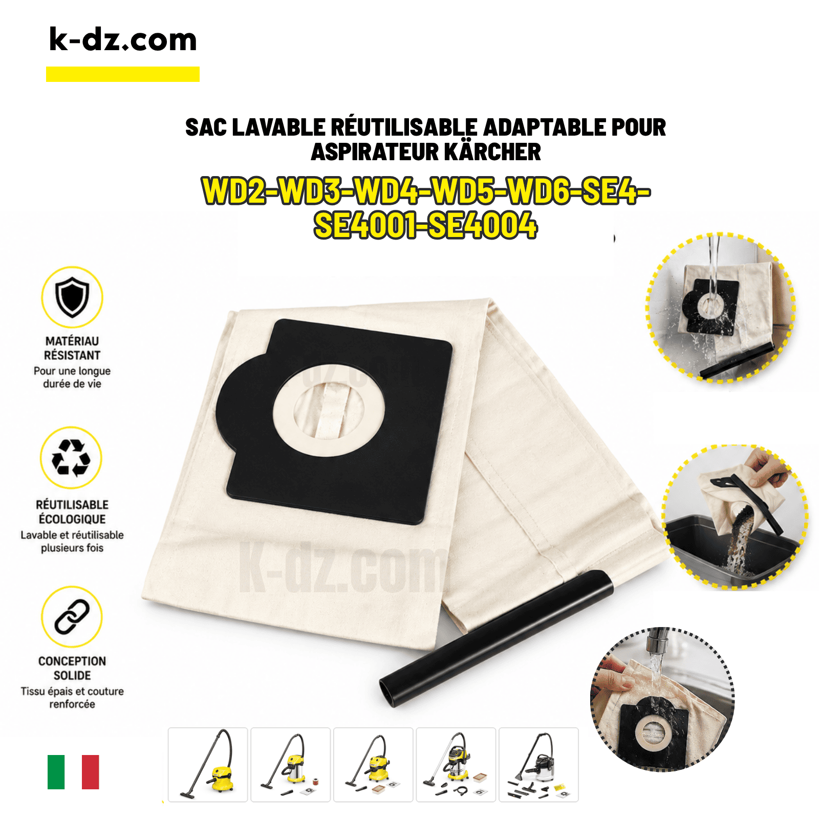 Sac lavable réutilisable adaptable pour aspirateur Kärcher WD 2/3/4/5/6 /SE 4 / SE4001 et SE 4004 1 Sac lavable réutilisable adaptable pour aspirateur Kärcher WD 2/3/4/5/6 /SE 4 / SE4001 et SE 4004