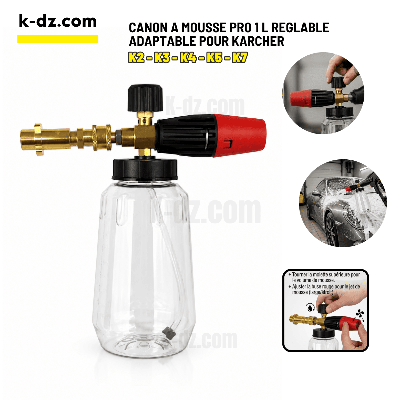 Canon à mousse pro réglable 1000 ml – Compatible Karcher K2 à K7 1 Canon à mousse pro réglable 1000 ml – Compatible Karcher K2 à K7